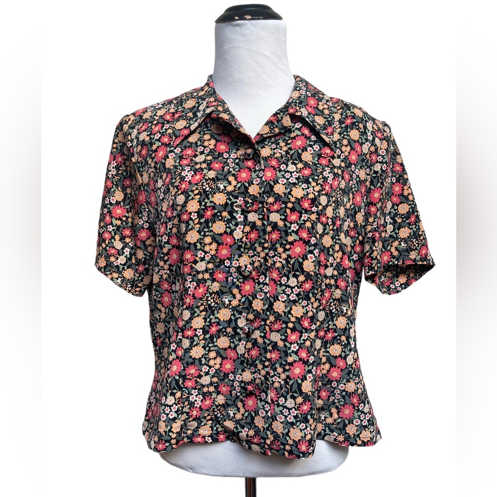 Spring style Vintage nineties short sleeve floral top button up blouse